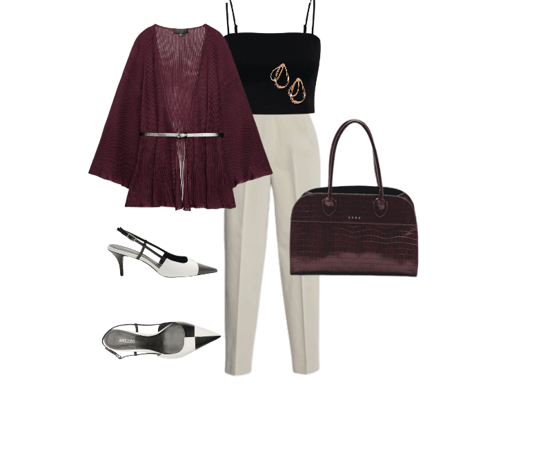 cardigan vinho, cropped preto, calça alfaiataria clara, sapato salto bicolor, bolsa estruturada vinho, brincos dourados