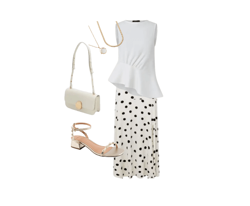 top branco sem mangas, saia branca de bolinhas, sandália nude de tiras, bolsa pequena branca, colar dourado.