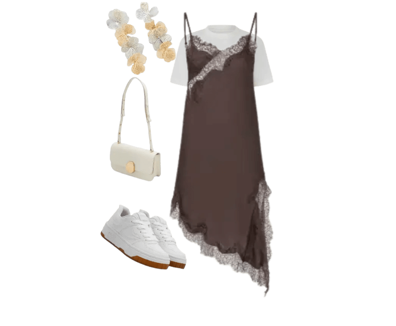 vestido marrom slip, camiseta branca, tênis branco, bolsa branca, brincos florais brancos