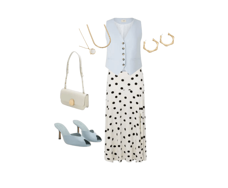 colete azul claro, saia longa poá branca e preta, sandália azul, bolsa creme, colar dourado, brincos dourados.