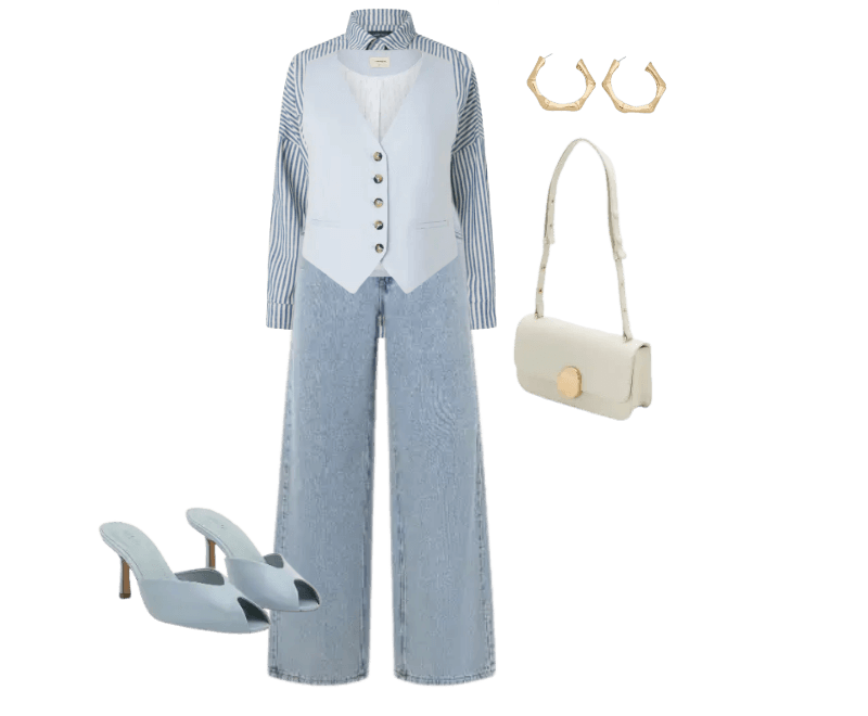 camisa listrada azul e branca, colete branco, calça larga jeans clara, sandálias azuis, brincos dourados, bolsa branca.