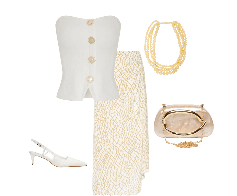 Saia Midi Pareô Bege Animale ; Blusa Feminina Corselet Lunar Branco Triya ; Colar Feminino Mia Bege Le Lis ; Scarpin Bico Fino Em Couro Branco '2Essential ; Bolsa Feminina Clutch Perolada Com Detalhe Orgânico Metalizado Bege Market 33