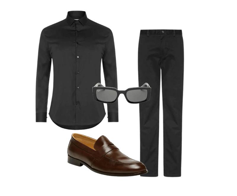 Calça Masculina Reta Essential Core Denton Preto Tommy Hilfiger ; Óculos Unissex Kiliane Bio-Based Preto Ray-ban ; Sapato Masculino Gravata em Couro Marrom Sergio K ; Camisa Masculina Social Manga Longa Tecnológico Premium Preto '2 Essential