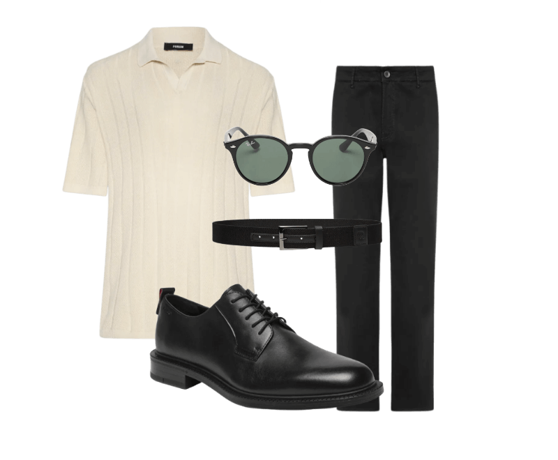 Calça Masculina Color Slim Chino Preto Calvin Klein Jeans ; Óculos De Sol Unissex RB2180 Preto Ray-ban ; Sapato Masculino Lysander Derb Pllt Preto Hugo ; Cinto Masculino Elástico Com Couro Preto '2 Essential ; Polo Masculina Tricô Bege Forum