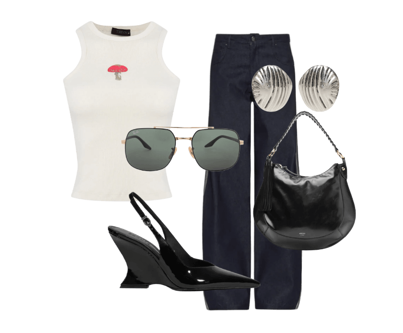 Regata Feminina Cogumelo Off White Triya ; Sandália Feminina Siena Buckle Verniz Preto Schutz ; Ray ban  ; 2essential  ; bolsa meia lua  ; calca aladim