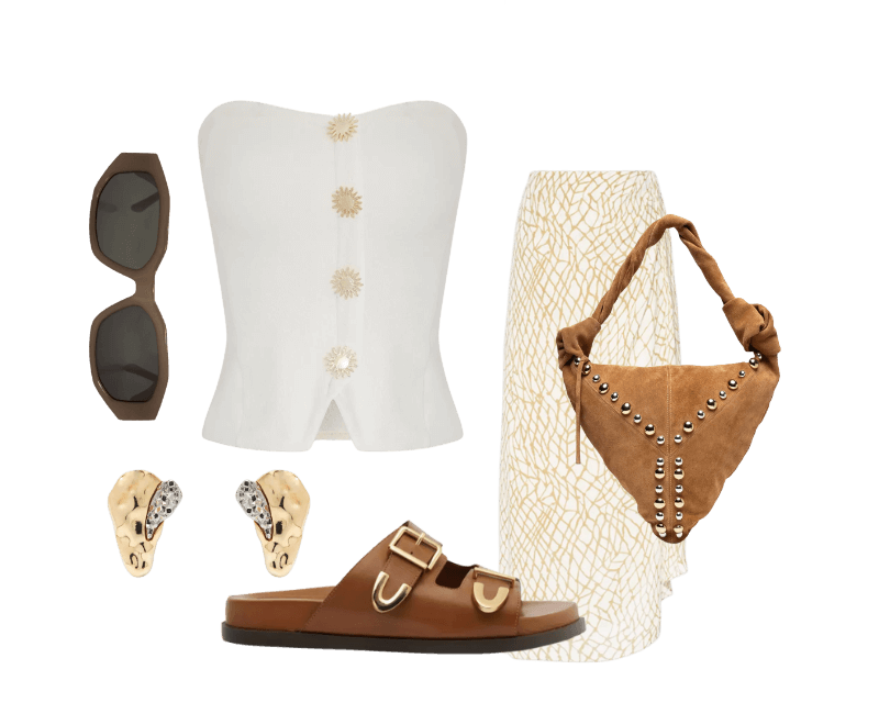 Saia Midi Pareô Bege Animale ; Blusa Feminina Corselet Lunar Branco Triya ; Helena bordon  ; D’Santos joias  ; Arezzo  ; bolsa