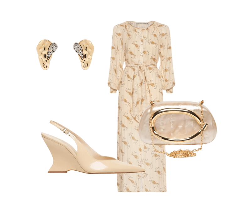 Bolsa Feminina Clutch Perolada Com Detalhe Orgânico Metalizado Bege Market 33 ; Vestido Chemise Estampa Sunny Bege Maria Filó ; Sandália Feminina Siena Buckle Verniz Bege Schutz ; D’Santos joias