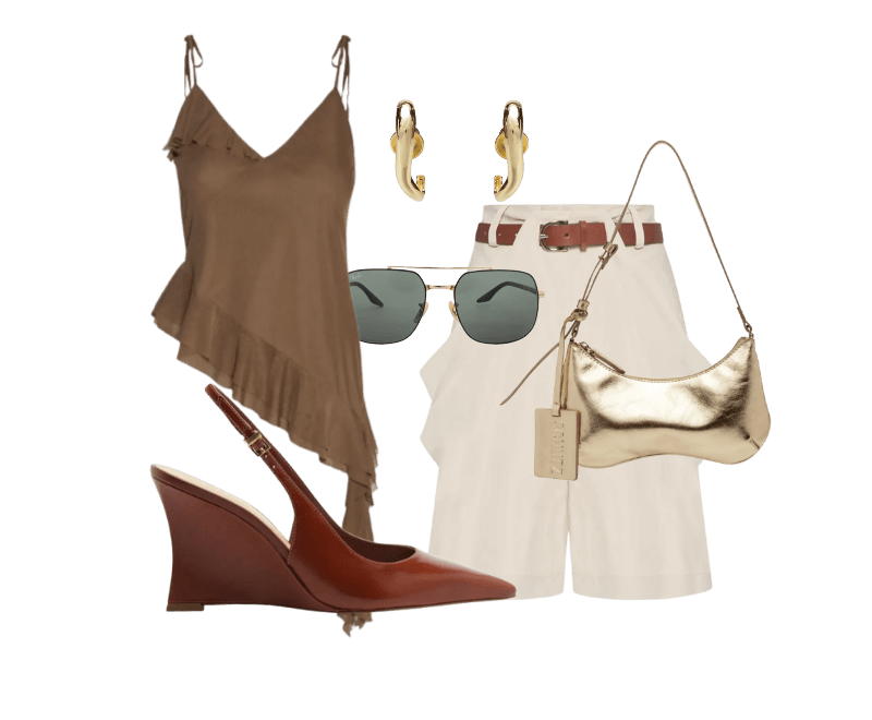 brincos dourados - Andressa Delamuta  ; Ray ban  ; scarpin  ; bolsa dourada ; blusa com babados ; bermuda