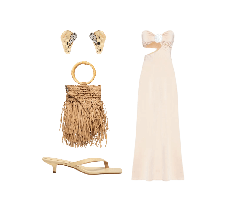 Vestido Jersey Com Concha Bege Dress To ; Bolsa Feminina De Palha Com Franjas Bege Mktbeach ; Sandália Feminina Grease Bege Luiza Barcelos ; D’Santos joias