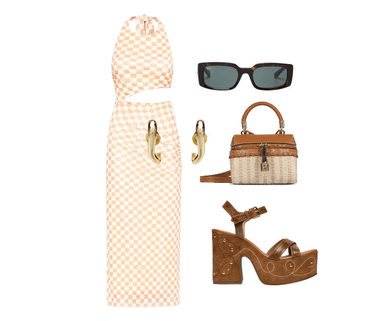Vestido Midi Tule Estampa Mosaico Bege Dress To ; Bolsa Feminina Lorena Picnic Mini Couro Bege Schutz ; brincos dourados - Andressa Delamuta  ; plataforma  meia pata ; Oculos