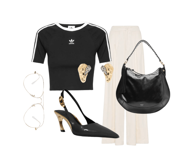 Scarpin Slingback Salto Médio Verniz Couro Preto Schutz ; Calça Feminina Ampla Com Linho Off White Basiq ; D’Santos joias  ; bolsa meia lua  ; cropped