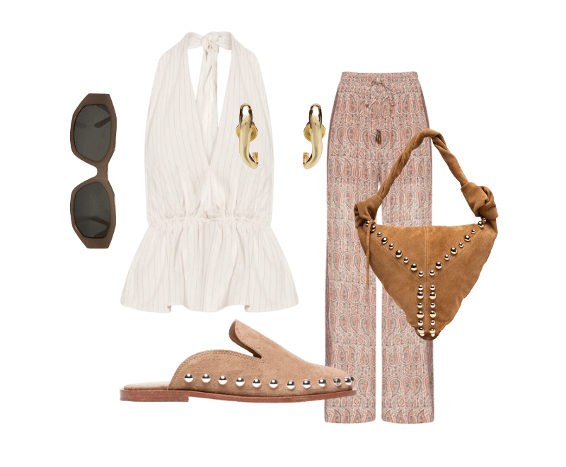 Blusa Feminina Com Amarração Bege My Favorite ; Calça Feminina Reta Elástico Estampa Blink Bege Maria Filó ; brincos dourados - Andressa Delamuta  ; Helena bordon  ; mule bege  ; bolsa