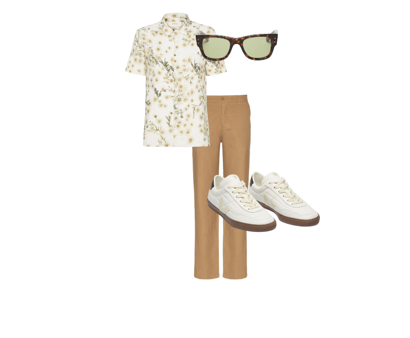 Calça Masculina Alfaiataria Fluid Linen Marrom Osklen ; Camisa Masculina Daisy Light Branco Osklen ; Tênis Unissex Panenka OT Leather Branco Veja ; Óculos De Sol Unissex Mega Wayfarer Summer Capsule Marrom Ray-ban