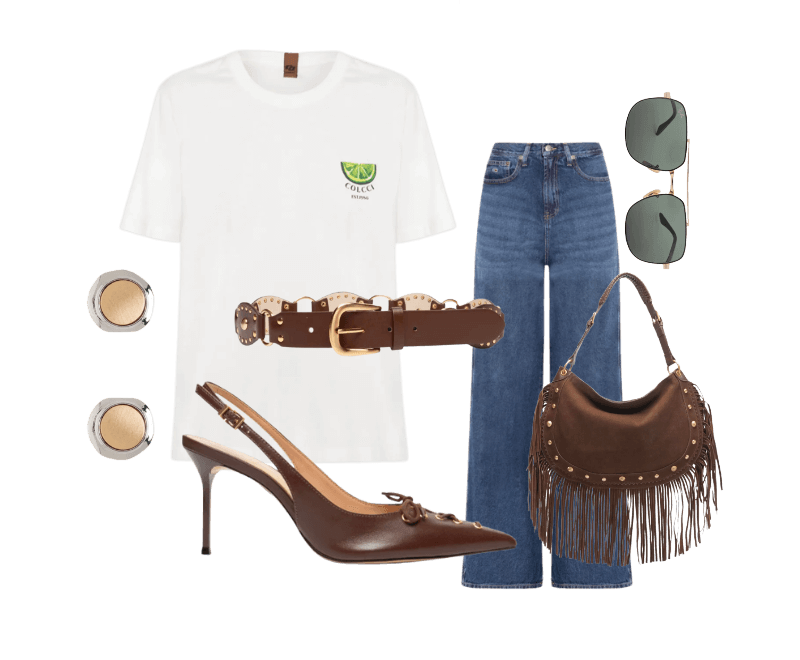 Calça Feminina Jeans Claire Hr Wd BI0152 Azul Tommy Jeans ; Camiseta Feminina Estampada Off White Colcci ; Ray ban  ; basic  ; cinto  ; bolsa de franja  ; Scarpin