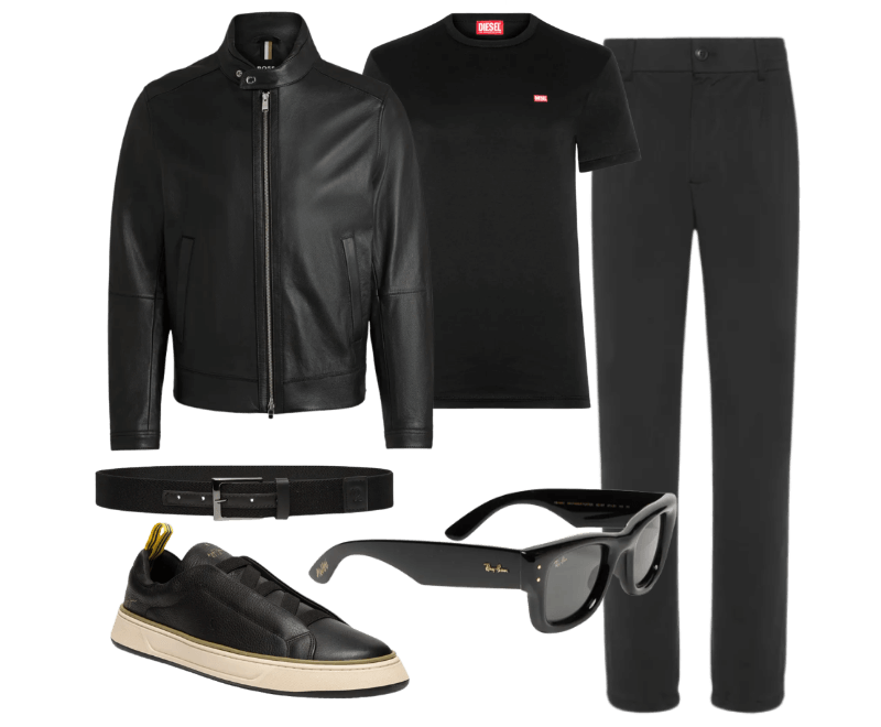 Camiseta Masculina Magliett Preto Diesel ; Óculos Unissex Wayfarer Puffer Preto Ray-ban ; Calça Masculina Alfaiataria Tech Preto '2 Essential ; Cinto Masculino Elástico Com Couro Preto '2 Essential ; Jaqueta Masculina Regular De Couro H Mansell Preto Boss ; Tênis Masculino Croma Senna Preto Reserva Go