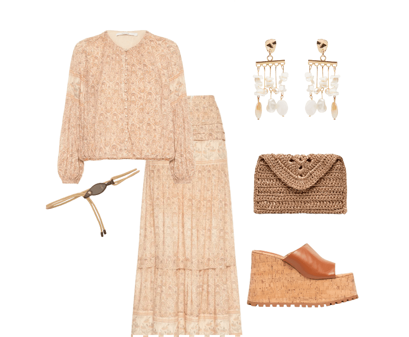 Saia Longa Estampa Florish Bege Maria Filó ; Bata Feminina Estampa Florish Bege Maria Filó ; Bolsa Feminina Carteira Amie Bege Catarina Mina ; Brinco Feminino Madrepérolas Laguna Off White Dress To ; Cinto Feminino Couro Cordão Bege Arezzo + Lenny Niemeyer ; Sandália Feminina Grease Bege Luiza Barcelos