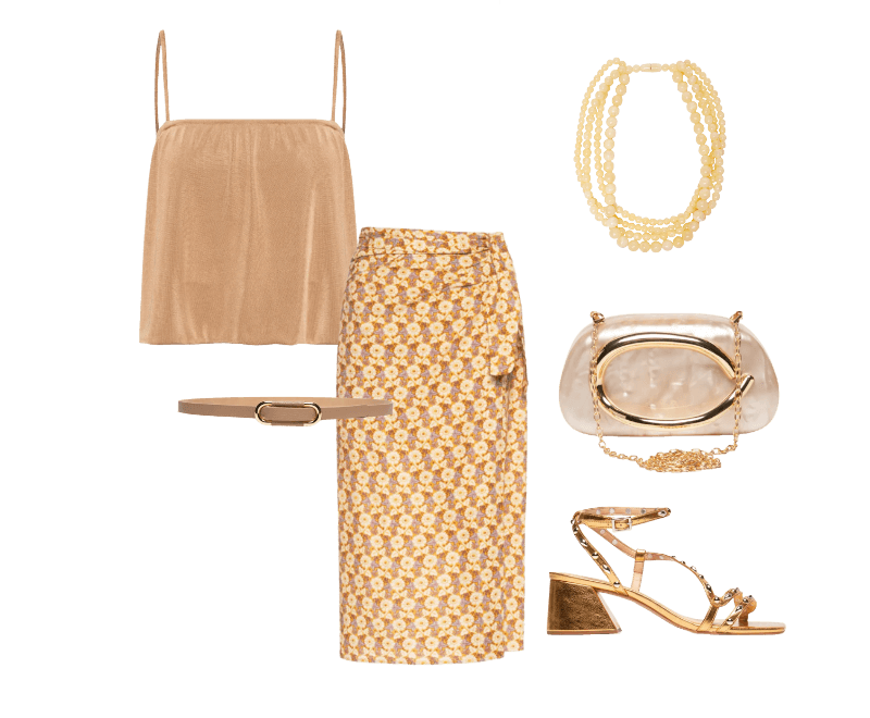 Colar Feminino Mia Bege Le Lis ; Blusa Feminina Alcinha Balonê Bege Maria Filó ; Saia Midi Estampa Cali Bege Maria Filó ; Sandália Feminina Metalcolor Dourado Luiza Barcelos ; Bolsa Feminina Clutch Perolada Com Detalhe Orgânico Metalizado Bege Market 33 ; Cinto Feminino Em Couro Com Fivela Arredondada Bege Market 33