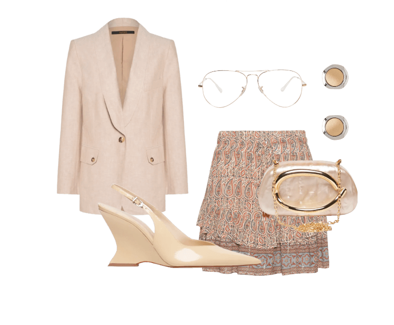 Blazer Feminino Herring Bone Bege Animale ; Bolsa Feminina Clutch Perolada Com Detalhe Orgânico Metalizado Bege Market 33 ; Saia Curta Babados Estampa Blink Bege Maria Filó ; Sandália Feminina Siena Buckle Verniz Bege Schutz ; basic