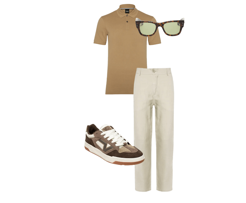 Calça Masculina Alfaiataria Fluid Linen Bege Osklen ; Tênis Masculino Ua Upland Marrom Vans ; Polo Masculina Pallas Bege Boss ; Óculos De Sol Unissex Mega Wayfarer Summer Capsule Marrom Ray-ban
