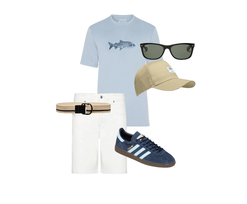 Camiseta Masculina Sardinha Azul Osklen ; Boné Masculino Merk Bege Hugo ; Bermuda Jeans Masculina Brooklyn Straight Branco Tommy Hilfiger ; Cinto Masculino Listras Bege Osklen ; Tênis Masculino Handball Spezial Azul Adidas Originals ; Óculos De Sol Unissex New Wayfare Classic Preto Ray-ban