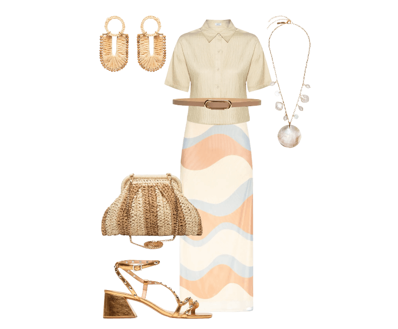 Brinco Feminino Veranil Palha Bege Dress To ; Colar Feminino Madrepérolas Laguna Off White Dress To ; Bolsa Feminina De Palha Bicolor Bege Market 33 ; Sandália Feminina Metalcolor Dourado Luiza Barcelos ; Camisa Feminina Manga Curta Bege Basiq ; Cinto Feminino Em Couro Com Fivela Arredondada Bege Market 33 ; Saia Cropped Tule Estampa Oceano Bege Dress To