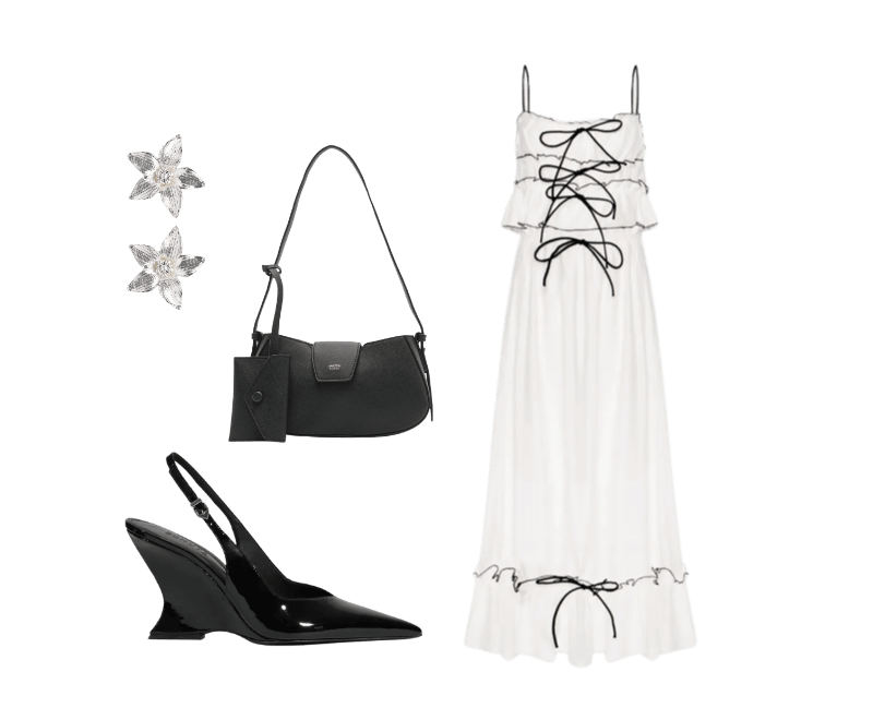 Bolsa Feminina Tiracolo Pequena Preto Arezzo ; Brinco Feminino Lírio Prateado Market 33 ; Conjunto Feminino Blusa Babados E Saia Midi Off White Market 33 ; Sandália Feminina Siena Buckle Verniz Preto Schutz