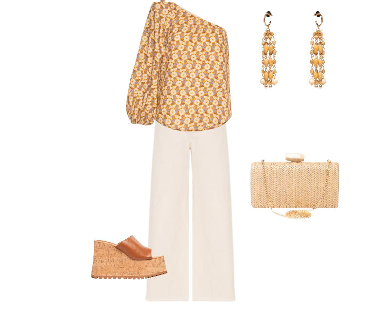 Brinco Feminino Som Do Mar Madeirinhas Bege Dress To ; Bolsa Feminina Clutch Em Palha Bege Basiq ; Sandália Feminina Grease Bege Luiza Barcelos ; Calça Feminina Sarja Cropped Wide Off White Maria Filó ; Blusa Feminina Ombro Só Estampa Cali Bege Maria Filó