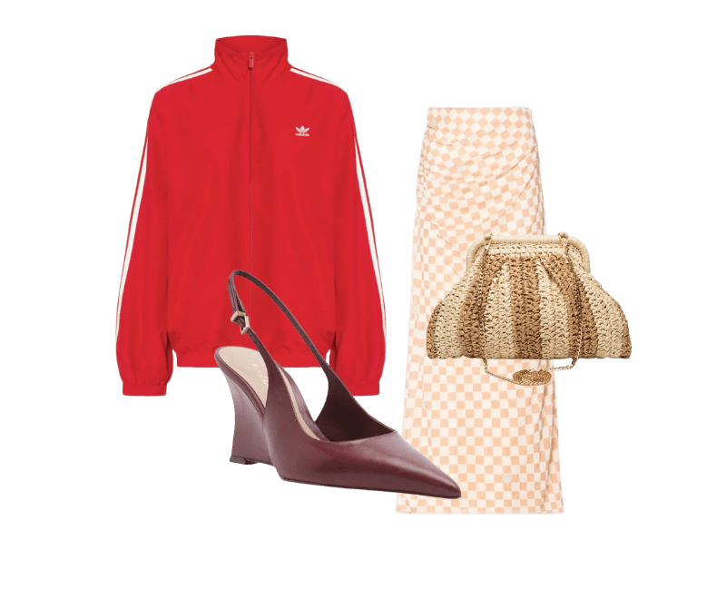 Jaqueta Feminina Adilenium Oversized Vermelho Adidas Originals ; Bolsa Feminina De Palha Bicolor Bege Market 33 ; Saia Midi Tule Estampa Mosaico Bege Dress To ; Scarpin Slingback Anabela Couro Salto Alto Vinho Arezzo