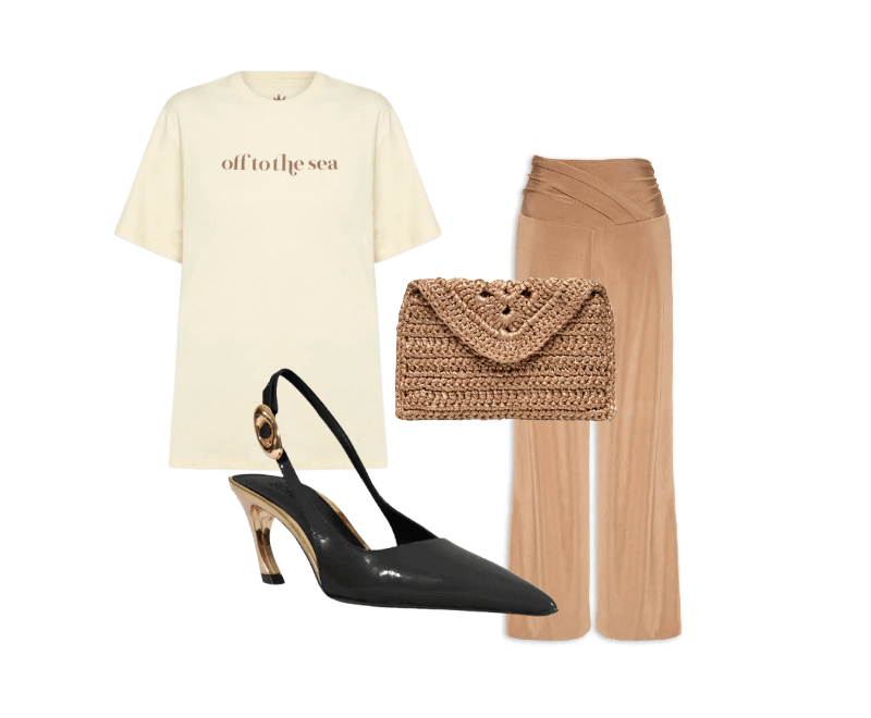 Bolsa Feminina Carteira Amie Bege Catarina Mina ; Camiseta Feminina Silk Off To The Sea Bege Dress To ; Calça Feminina Balonê Pala Transpasse Bege Maria Filó ; Scarpin Slingback Salto Médio Verniz Couro Preto Schutz