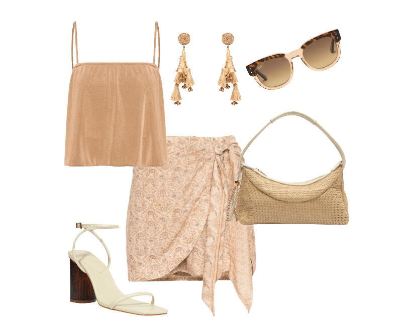 Óculos De Sol Feminino Mega Hawkeye Marrom Ray-ban ; Bolsa Feminina Ráfia Bege Arezzo + Isla ; Short Feminino Pareo Estampa Florish Bege Maria Filó ; Blusa Feminina Alcinha Balonê Bege Maria Filó ; Sandália Feminina Bloco Andy Couro Branco Schutz + Nati Vozza ; Brinco Feminino Palha Verdejar Bege Dress To