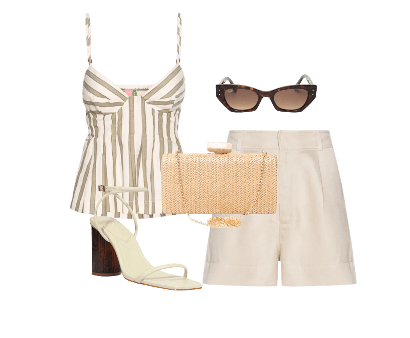 Óculos Feminino Zena Bio-Based Marrom Ray-ban ; Short Feminino Com Linho Chino Bege Animale ; Bolsa Feminina Clutch Em Palha Bege Basiq ; Sandália Feminina Bloco Andy Couro Branco Schutz + Nati Vozza ; Blusa Listra Morere Branco Farm