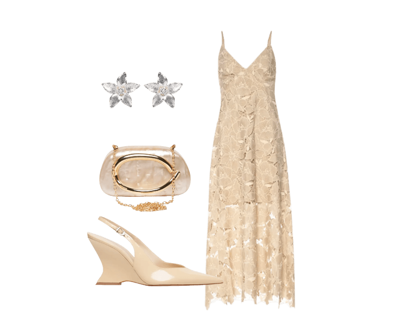 Brinco Feminino Lírio Prateado Market 33 ; Bolsa Feminina Clutch Perolada Com Detalhe Orgânico Metalizado Bege Market 33 ; Sandália Feminina Siena Buckle Verniz Bege Schutz ; Vestido Mel Bege Le Lis