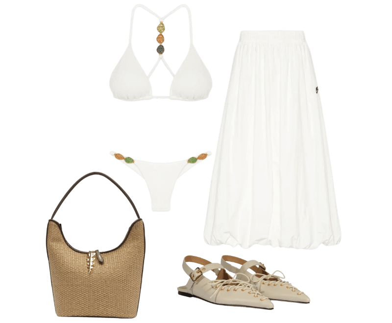 Biquíni Tri Costas Petra Off White Vix ; Saia Windrunner Branco Nike ; Sapatilha Feminina Sabrine Couro Branco Schutz ; Bolsa Feminina Hobo Bege Palha Grande Bege Arezzo + Lenny Niemeyer