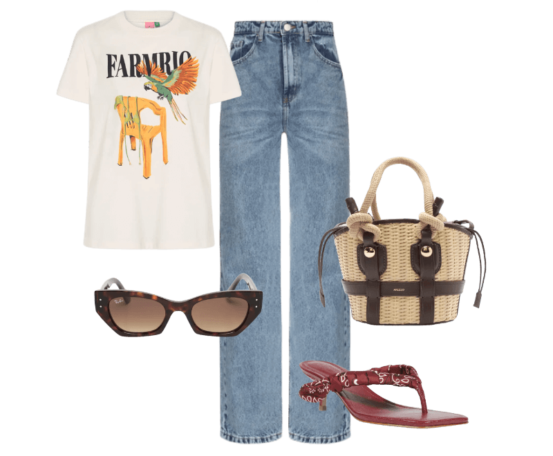 Bolsa Feminina Tiracolo Pequena Palha Bege Arezzo + Lenny Niemeyer ; Sandália Feminina Mule Urban Vermelho Schutz + Nati Vozza ; Óculos Feminino Zena Bio-Based Marrom Ray-ban ; Calça Feminina Jeans Azul Hering ; Camiseta Feminina Fit Cadeira E Biquini Off White Farm