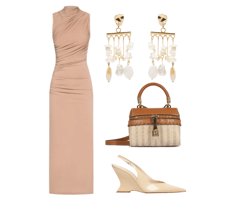 Brinco Feminino Madrepérolas Laguna Off White Dress To ; Vestido Midi Drapeado Bege Market 33 ; Bolsa Feminina Lorena Picnic Mini Couro Bege Schutz ; Sandália Feminina Siena Buckle Verniz Bege Schutz