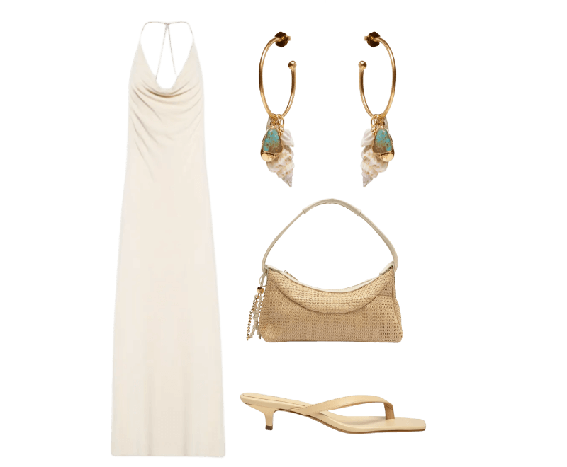 Brinco Feminino Conchas Marés Dourado Dress To ; Bolsa Feminina Ráfia Bege Arezzo + Isla ; Vestido Jersey Alça Hotfix Bege Animale ; Sandália Feminina Grease Bege Luiza Barcelos