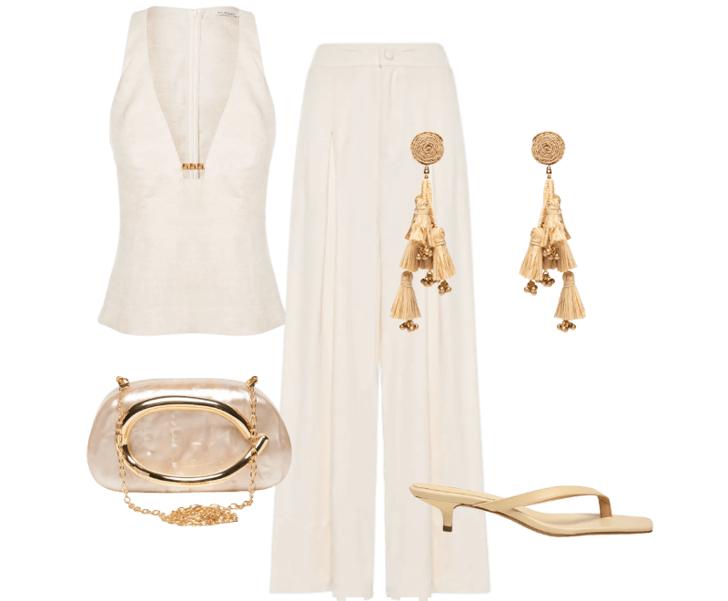 Brinco Feminino Palha Verdejar Bege Dress To ; Sandália Feminina Grease Bege Luiza Barcelos ; Bolsa Feminina Clutch Perolada Com Detalhe Orgânico Metalizado Bege Market 33 ; Blusa Feminina Adele Bege Le Lis ; Calça Feminina Ampla Com Linho Off White Basiq