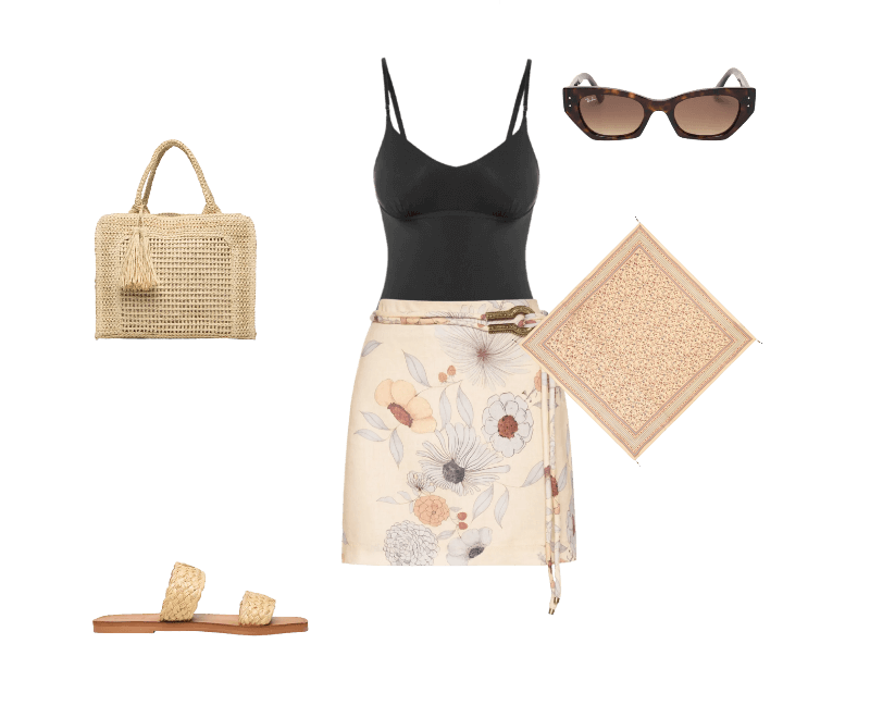 Saia Curta Linho Estampa Fleur Bege Maria Filó ; Body Franzido Micro Intense Power Preto Calvin Klein Underwear ; Óculos Feminino Zena Bio-Based Marrom Ray-ban ; Sandália Feminina Salto Rasteiro Bege Schutz ; Lenço Feminino Estampa Fleur Bege Maria Filó ; Bolsa Feminina Tiracolo de Palha Bege Basiq