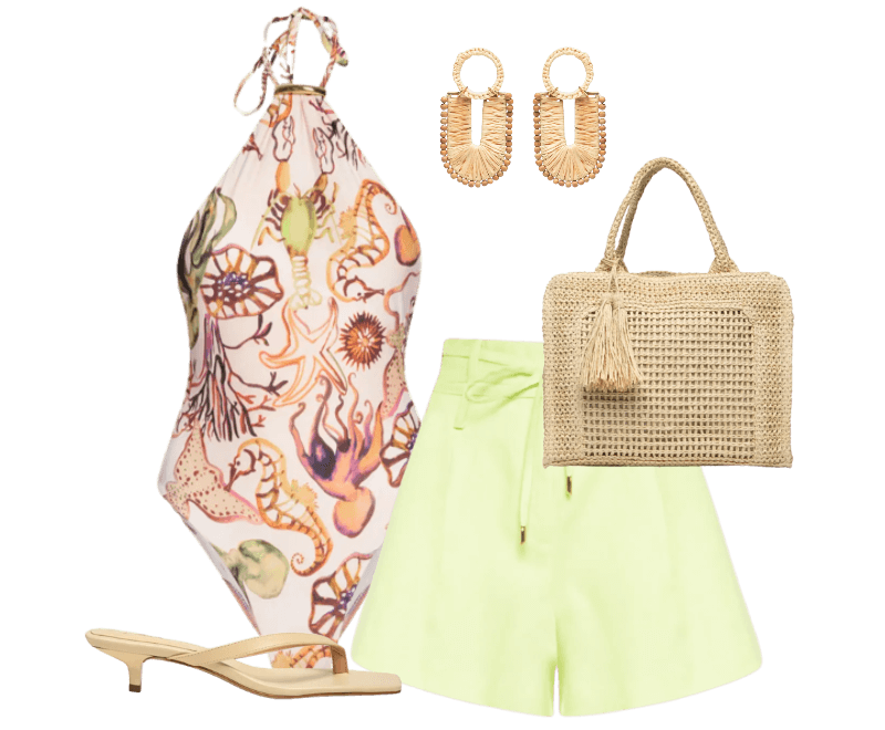 Maiô Decote Halter Fundo Do Mar Cru Off White Animale Resort ; Brinco Feminino Veranil Palha Bege Dress To ; Sandália Feminina Grease Bege Luiza Barcelos ; Bolsa Feminina Tiracolo de Palha Bege Basiq ; Short Feminino Alana II Verde Le Lis