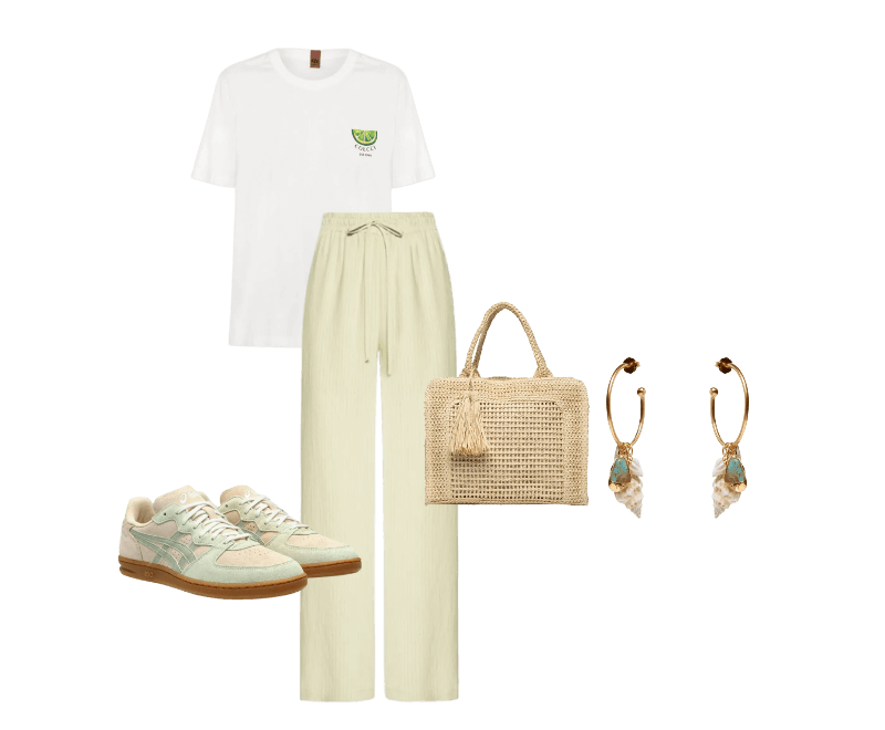 Brinco Feminino Conchas Marés Dourado Dress To ; Tênis Feminino Skyhand OG Bege Asics ; Camiseta Feminina Estampada Off White Colcci ; Bolsa Feminina Tiracolo de Palha Bege Basiq ; Calça Feminina Pantalona Leve Verde Basiq