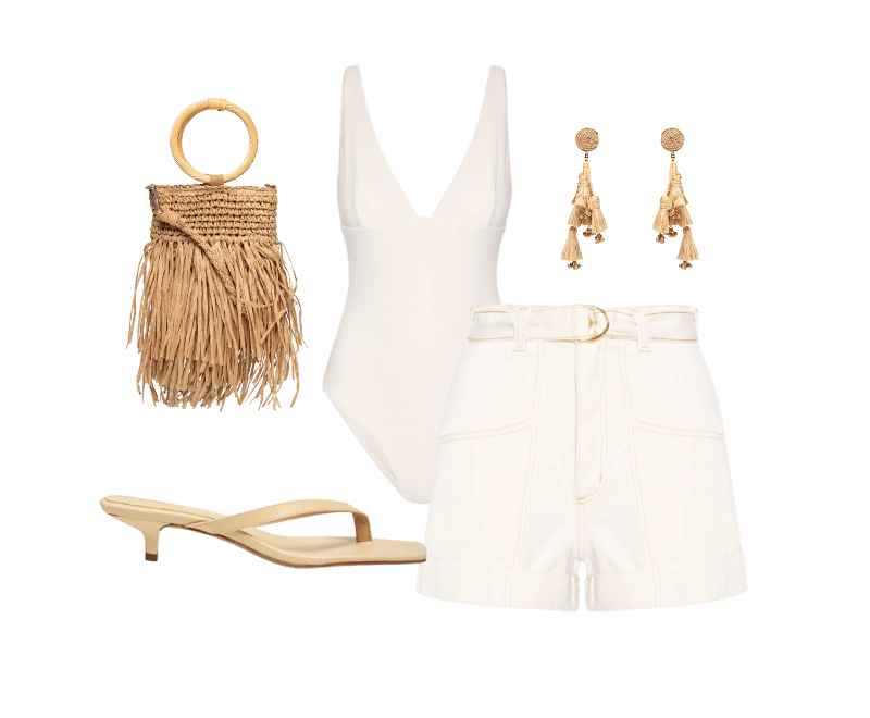 Maiô Alça Reta Saint Tropez Off White Body For Sure ; Short Feminino Com Cinto Off White Basiq ; Brinco Feminino Palha Verdejar Bege Dress To ; Bolsa Feminina De Palha Com Franjas Bege Mktbeach ; Sandália Feminina Grease Bege Luiza Barcelos