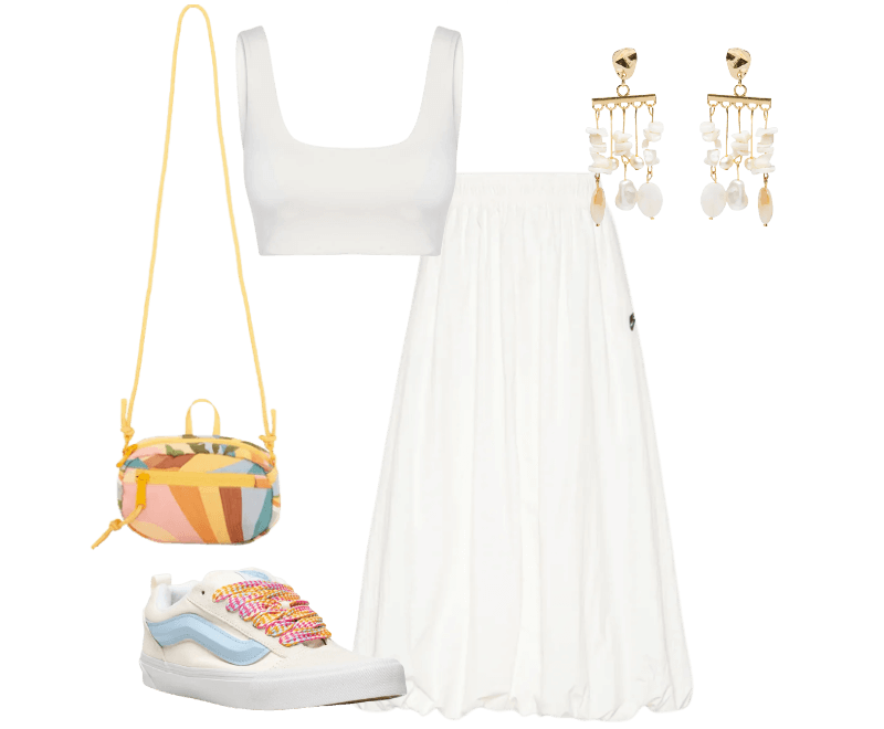 Bolsa Feminina Chuchu Paisagem Carioca Amarelo Farm Etc ; Brinco Feminino Madrepérolas Laguna Off White Dress To ; Saia Windrunner Branco Nike ; Tênis Feminino Ua Knu Skool Bege Vans ; Top Feminino Off White Hering Sports