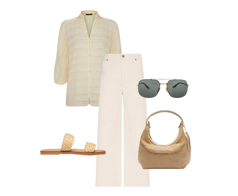 Sandália Feminina Salto Rasteiro Bege Schutz ; Bolsa Feminina Tiracolo Couro Média Dobrável Bege Arezzo + Isla ; Camisa Feminina Jenna Off White Vix ; Calça Feminina Sarja Cropped Wide Off White Maria Filó ; Óculos De Sol Unissex Dourado Ray-ban
