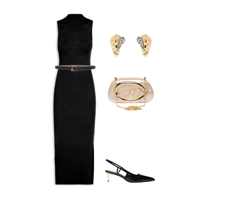 Scarpin Bico Fino Em Couro Preto '2Essential ; Vestido Midi Em Tricot Preto Market 33 ; Bolsa Feminina Clutch Perolada Com Detalhe Orgânico Metalizado Bege Market 33 ; Cinto Feminino em Couro com Fivela Quadrada Azul Basiq ; Brinco Feminino Gota Orgânica + Druza Metal Fixo Duo Ouro Mix Dourado D'santis Joias