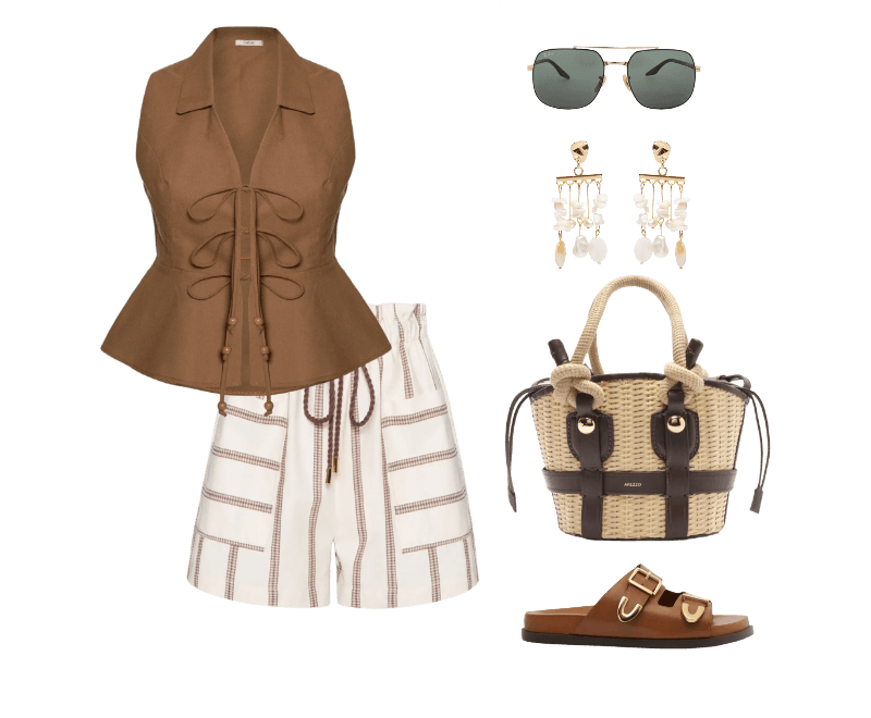 Bolsa Feminina Tiracolo Pequena Palha Bege Arezzo + Lenny Niemeyer ; Brinco Feminino Madrepérolas Laguna Off White Dress To ; Short Feminino Clouchard Cintura Alta Branco Lança Perfume ; Óculos De Sol Unissex Dourado Ray-ban ; Arezzo  ; Blusa Feminina Peplum Amarração Marrom Cacay