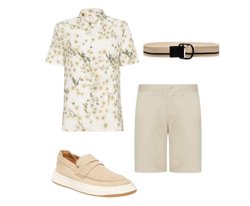 Bermuda Masculina Sarja Brooklyn 1985 Bege Tommy Hilfiger ; Cinto Masculino Listras Bege Osklen ; Camisa Masculina Daisy Light Branco Osklen ; Mocassim Masculino Capri Bege Reserva Go
