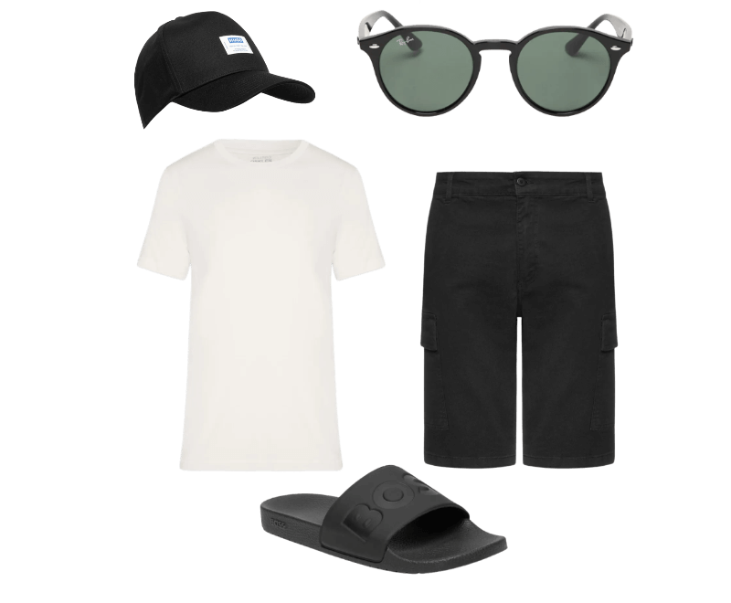 Boné Masculino Merk Preto Hugo ; Óculos De Sol Unissex RB2180 Preto Ray-ban ; Bermuda Masculina Scanton Cargo Preto Tommy Jeans ; Camiseta Masculina Supersoft Color Off White Osklen ; Chinelo Masculino Aryeh Slid Preto Boss
