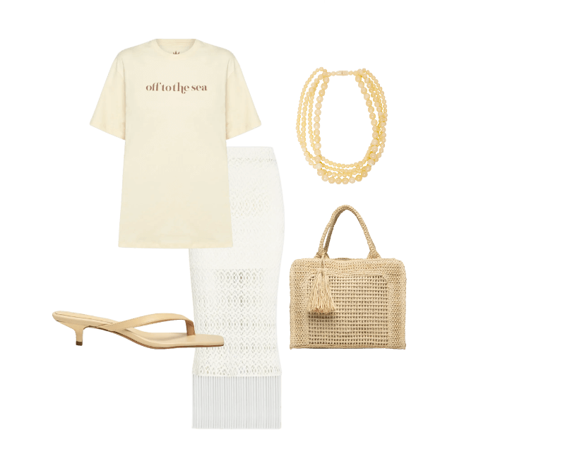 Saia Malena Branco Triya ; Colar Feminino Mia Bege Le Lis ; Camiseta Feminina Silk Off To The Sea Bege Dress To ; Sandália Feminina Grease Bege Luiza Barcelos ; Bolsa Feminina Tiracolo de Palha Bege Basiq