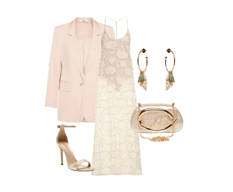 Brinco Feminino Conchas Marés Dourado Dress To ; Vestido Fluido Transparência Jacquard Bege Animale Jeans ; Blazer Feminino Com Martingale Bege Basiq ; Sandália Feminina Isabelli Couro Dourado Schutz ; Bolsa Feminina Clutch Perolada Com Detalhe Orgânico Metalizado Bege Market 33