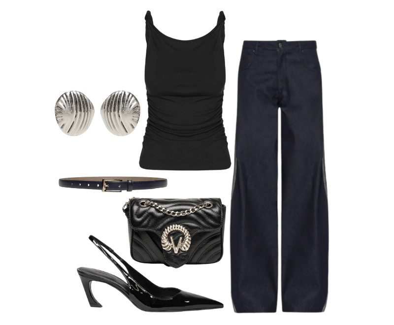 Regata Feminina Drapeada Preto Basiq ; Scarpin Slingback Lexi Sling Mid Preto Schutz ; Cinto Feminino em Couro com Fivela Quadrada Azul Basiq ; Brinco Feminino Texturizado Em Metal Fosco Prateado '2Essential ; Bolsa Feminina Cint-Lar Camurça Premium Preto Vicenza ; Calça Feminina Denim Azul Adidas Originals